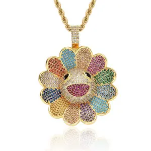 Fleur de soleil rotative glacée Micro Zircon Smiley pendentif brillant tendance rappeur or chaîne collier bijoux breloques