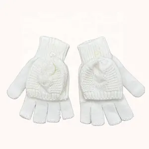 Wholesale Kids White Flip Knitted Fingerless Flap Glove