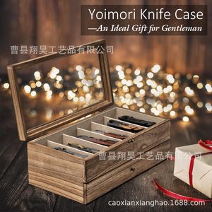 Wooden Knife <b>Storage</b> <b>Box</b> Double Layer <b>Drawer</b> Style With Lid For Knives Watches Sunglasses Display Rectangular Carbonized Color - Product Image 4