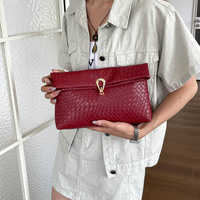 Dompet Clutch Kulit PU Anyaman dengan Gesper Emas, Tas Tangan Kapasitas Besar untuk Wanita