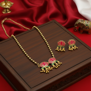 Best Selling Golden Ball Advanta Enamel Lotus Short Neckpiece and Earring Set For Women Wear <b>Indian</b> Exporters - Product Image 3