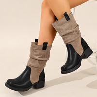 Bottes de moto noires pour femmes à bout carré, mi-mollet, avec boucle, talon épais, style western, à enfiler, style punk, style européen