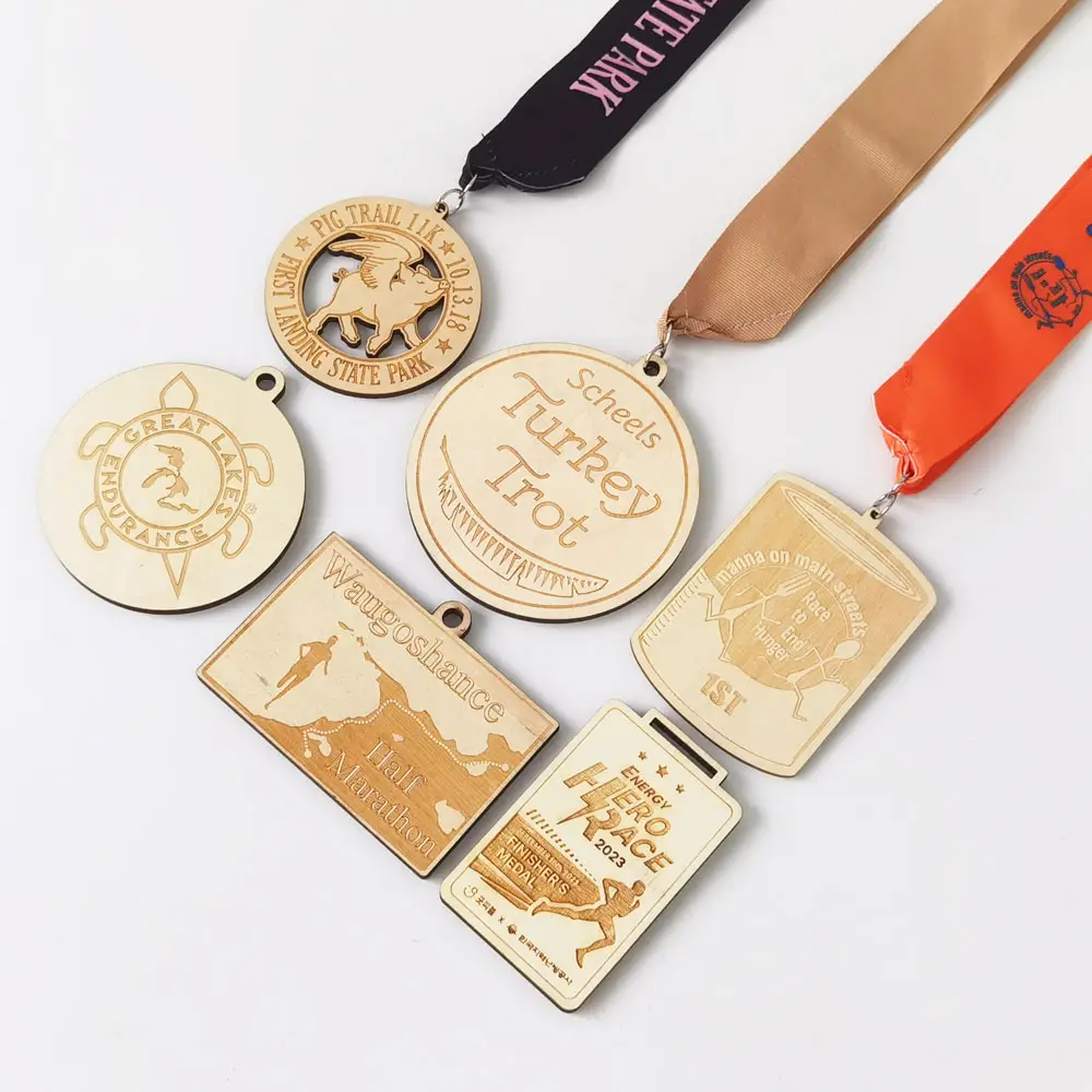 Medalha de madeira personalizada para maratona de corrida, medalha de madeira com estampa de madeira e bambu, fabricante por atacado