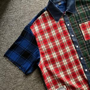 Camisa de Verano con Logotipo Bordado Personalizado, Camisa de Franela a Cuadros de Algodón con Botones Vintage, Camiseta Corta Holgada para Hombre - Product Image 5