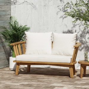 Canapé d'extérieur 2 places en <span class=keywords><strong>bois</strong></span> d'acacia avec coussins, lit de <span class=keywords><strong>jardin</strong></span> à lattes ouvertes, finition teck résistante aux intempéries - Product Image 1
