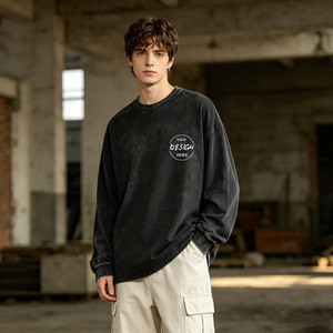 Sweat-shirt à col rond à manches longues en coton délavé à l'acide, coupe oversize, garantie qualité, vente en gros - Product Image 1