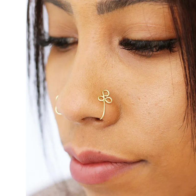 Одинарный золотистый витой геометрический зажим для носа из нержавеющей стали, непористое титановое ювелирное изделие для пирсинга, поддельное кольцо для носа