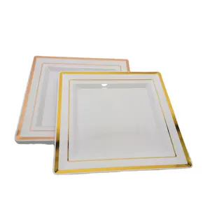 Placas quadradas descartáveis de plástico 100 peças, 7 polegadas com aro de ouro