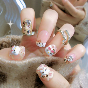 Nouvelle Arrivée Faux Ongles Courts Carrés à Couverture Complète Motif Chat Kawaii Fait Main 24 Pièces/Boîte en ABS pour Doigts Automne - Product Image 4