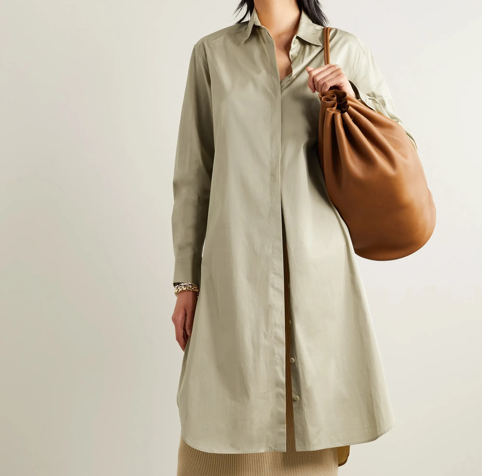 Kadın sonbahar Midi uzunluğu uzun kollu düğme pamuk Poplin A-Line katı gömlek elbiseler