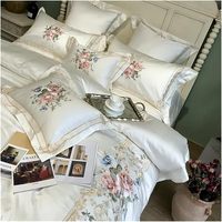 Parure de Lit 4 Pièces en Coton Égyptien, Broderie Florale, Style Palais, Taille King, Housse de Couette, Drap Plat et Deux Taies d'Oreiller
