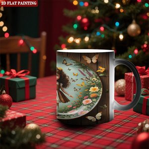 Mug en céramique noir givré 11oz, tasse à sublimation thermosensible avec motif floral de fille, peinture plate 2D - Product Image 2