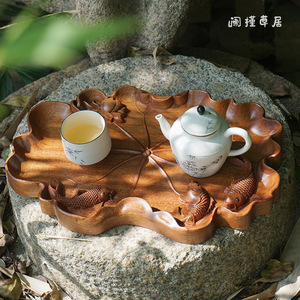 Ebony Wood 3D Carved <b>Tea</b> <b>Tray</b> With Fish Lotus Design Retro Chinese Style For Home Office Use - Product Image 3