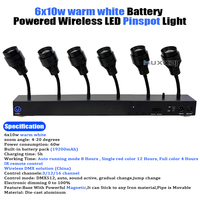 Barre de 6 projecteurs LED Pinspot sans fil DMX 6x10W blanc chaud sur batterie, 6 têtes, col de cygne flexible, télécommande, pour scène, mariage et événements