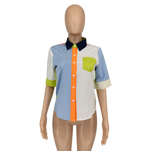 Summer New Fashion Casual Splicing <b>Patchwork</b> Color Collision Short Sleeve <b>Shirt</b> Blouse Fashion - Product Image 2