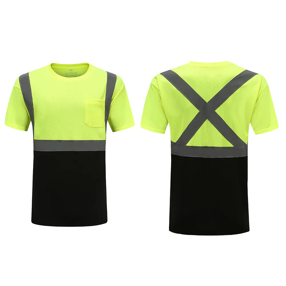בגדי עבודה עם נראות גבוהה פלואורסצנטי צהוב ו-Navy שני גוונים חולצת טריקו בטיחותית עם שרוולים קצרים עם X גב סרטי רעיוני