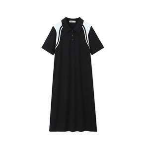Robe polo Runqi pour femmes grandes tailles, noire et blanche, à blocs de couleur, mi-longue, coupe ample, en coton, col rabattu, motif uni N8749 - Product Image 1