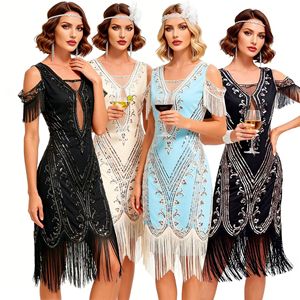 Vestido de cóctel retro de los años 20 con lentejuelas, cuello en V, estilo vintage, con flecos, para mujer - Product Image 1