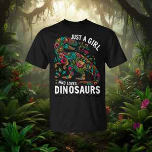 Camiseta floral Just A Girl Who Loves Dinosaurs, negra, para adultos, unisex - Product Image 3