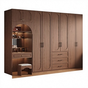Armoire de chambre moderne élégante en MDF autoportante avec coiffeuse intégrée, portes à panneaux plats, tiroirs et miroir - Product Image 1