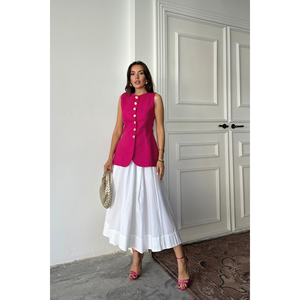 Chaleco de Lino Jacquard con Cintura Ajustada, Color Fucsia, Top sin Mangas para Mujer con Botones Dorados, Talla S - Product Image 6