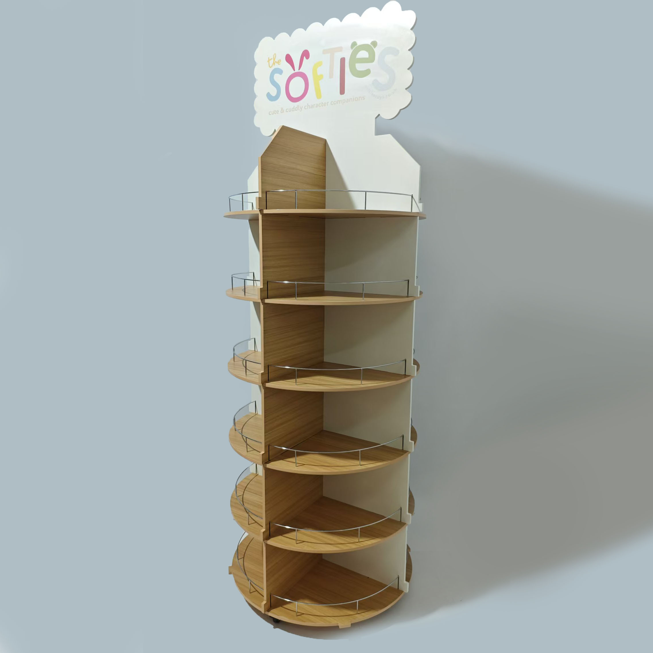 Round Beverage Display Stand Wooden Multi-tier Wine Storage Display Rack Detachable Beer Drink Shelf with Metal Fence and Caster — view 3