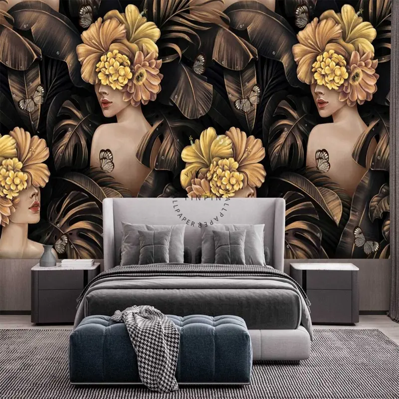 3D güzellik yüz altın çiçek duvar tablosu kendinden yapışkanlı güzellik salonu moda duvar kağıdı