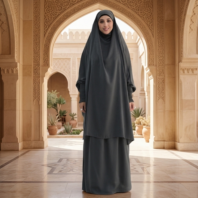 Fashion New Eid Collections Solid Color Islamic Clothing Modest Khimar Abaya 2PCS Set for Dubai Women Ramadan