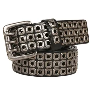 Cross Border Punk Hollow Out Rivet Men's Cow Hide Leather Belt Three-wire Set Pin Buckle Belt