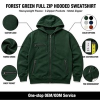 Sweat à capuche zippé vert forêt personnalisé avec logo pour homme, plusieurs poches zippées, en polaire, style streetwear décontracté