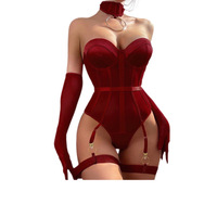Bodysuit Korset Satin Merah Anggur Mewah Tanpa Tali dengan Sabuk Garter, Sarung Tangan Panjang, Choker Cincin O, Set Lingerie Seksi Wanita