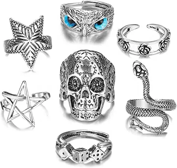 Retro Frog Snake Skull Cool Punk Gothic Opening Adjustable Ring Set For Boys And Girls