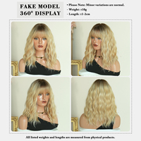 Peluca de Cabello Sintético de 16 Pulgadas, Ombre con Raíz Oscura a Rubio Miel, Corte Bob Medio Ondulado con Flequillo Recto, Fibra Resistente al Calor, Aspecto Natural
