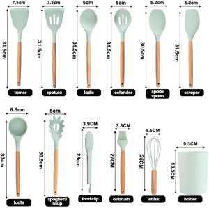 Lot de 12 ustensiles de cuisine en silicone antiadhésifs avec manche en bois, écologiques et compatibles lave-vaisselle, pour la cuisson et la pâtisserie - Product Image 2