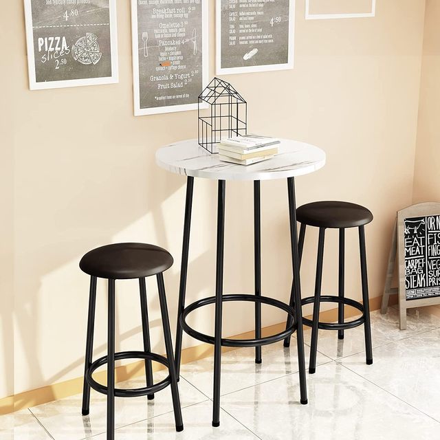 Dining Set with 2 Stools Minimalist 3 Pieces Coffee Pub Marble Finish Round Table and Faux Leather Upholstered Stools Set