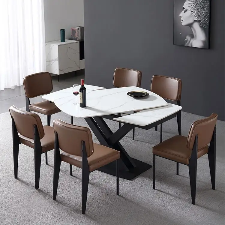 Wholesale Extendable round Dining Table set With Carbon steel frame legs Modern Home Furniture