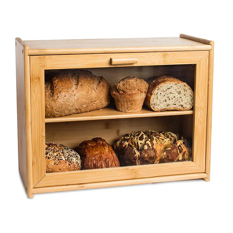 Large Bamboo Bread Box Farmhouse Style Bread Holder Double Layer Bread Storage Bin Holds 2 Loaves for Kitchen Counter