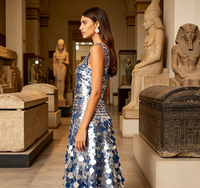 Robe longue de soirée élégante et scintillante pour femme, bleu dégradé, à paillettes, en mousseline, col halter, coupe trapèze, effet illusion, à séchage rapide