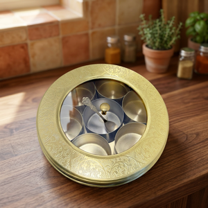 Premium Round Brass Spice <b>Box</b> with Glass Window Lid 7 Containers Etched Border Indian Masala Dani Kitchen Organizer Set - Product Image 2
