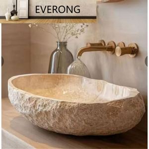 Lavabo de mármol de Color Beige de diseño único de forma Irregular, lavabo de encimera de baño, perspectiva de superficie Natural para Baño - Product Image 1