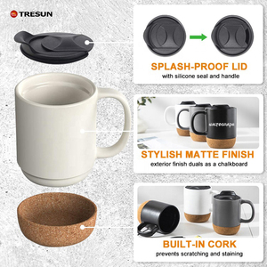 Taza de Café de Cerámica con Base de Corcho y Tapa Antisalpicaduras, 12, 15 y 16 oz, con Logotipo Personalizado, Estilo Nórdico, Acabado Mate Gris y Negro - Product Image 3