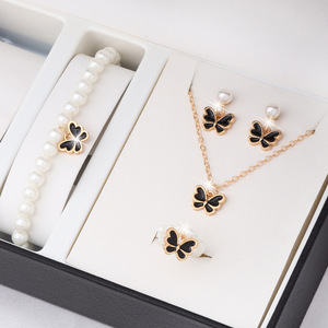 Ensemble de bijoux fantaisie plaqué or 14 carats, pendentif papillon, bracelet de perles, boucles d'oreilles, collier, cadeau de mariage, accessoires unisexes pour femmes - Product Image 2