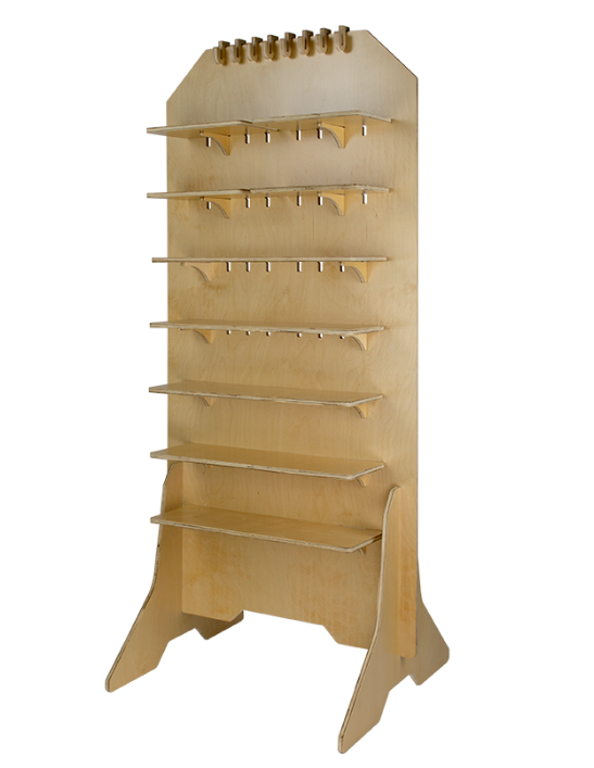 Apache Customized Portable Wooden Floor Standing Display with Configurable Shelves, Hooks, Pegs — view 6