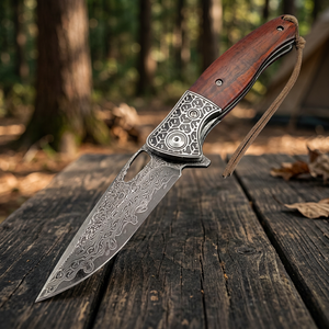 Navaja Plegable de Acero de Damasco con Mango de Madera, Hoja de Punta Caída, Perilla de Pulgar, Navaja de Bolsillo, Herramienta EDC para Camping - Product Image 3
