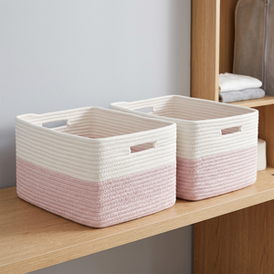 Cestas de Almacenamiento Rectangulares de Cuerda de Algodón con Asas, Estilo Nórdico, Rosa y Blanco, Juego de Dos Piezas para Organización de Artículos Diversos - Product Image 3