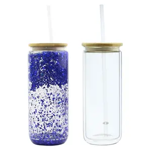 High Borosilicate Sublimation Drink Ware Pre Drilled Double Wall Tumbler Glass Snow Globe Can With Bamboo Lid