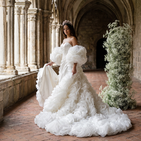 Robe de mariée sirène de luxe en satin Nt116 avec manches florales 3D surdimensionnées, élégante traîne de cour, prêt-à-porter Jancember