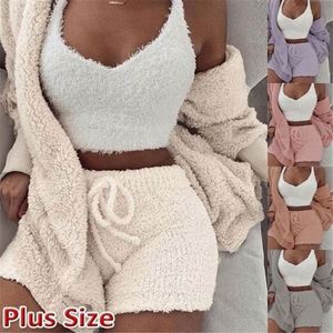 K1050 Conjuntos de Pijamas de Tallas Grandes para Mujer, 3 Piezas, de Felpa Sólida, con Cuello en V, Capucha, Sexy, Cintura Elástica, Pantalones Cortos, Casual, Primavera, con Estampado de Letras - Product Image 2