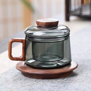 Smoky Gray Glass Teacup With Wooden Handle And Filter For Tea Drinking - Product Image 1