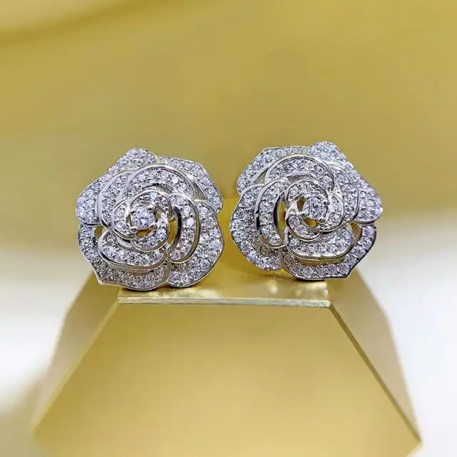 925 perak murni sempurna bentuk bunga mawar anting Stud CZ kubik zirkonia kamelia mawar anting untuk wanita